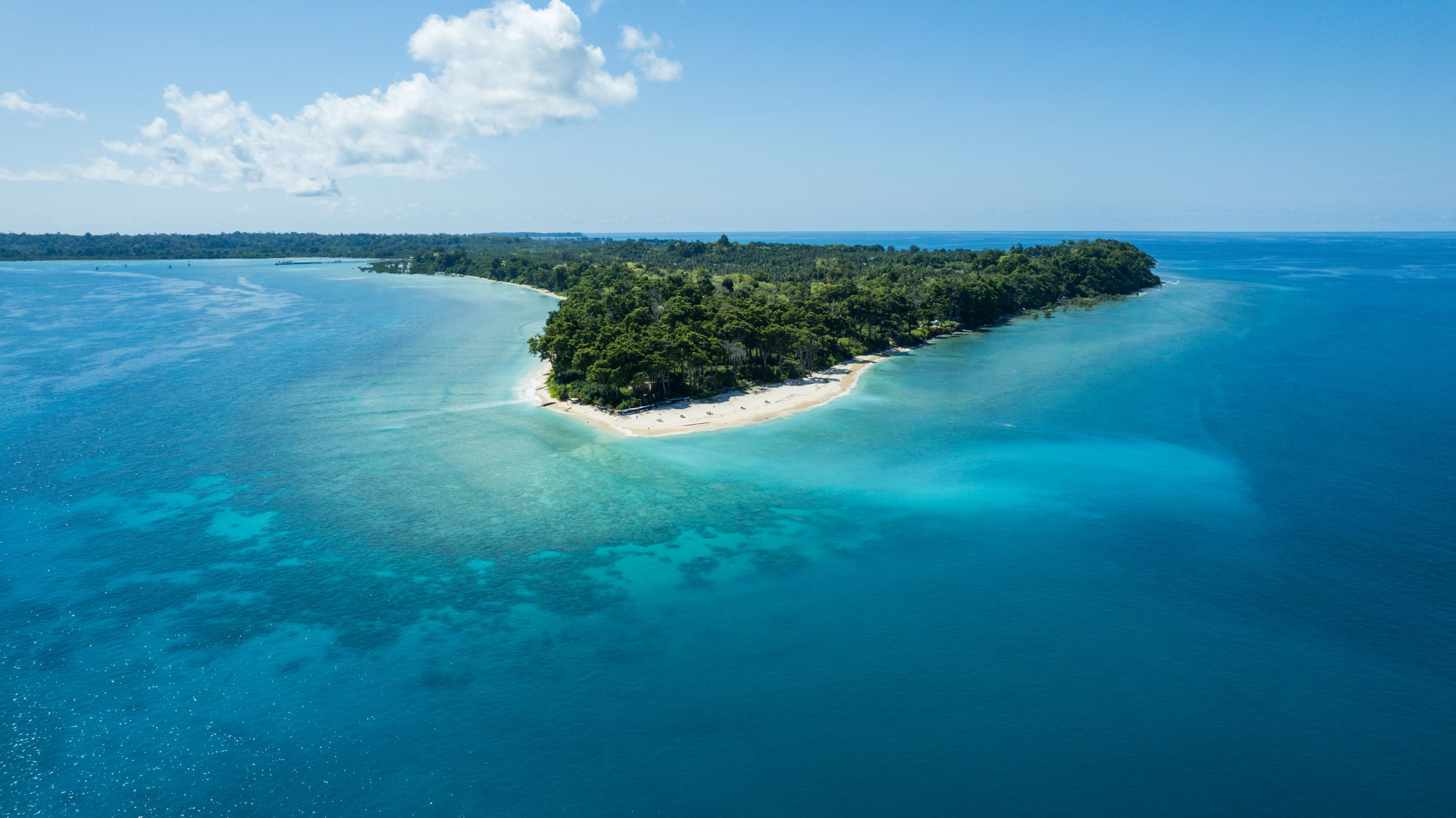 Aerial view of Andaman Islands turquoise waters and tropical coastline